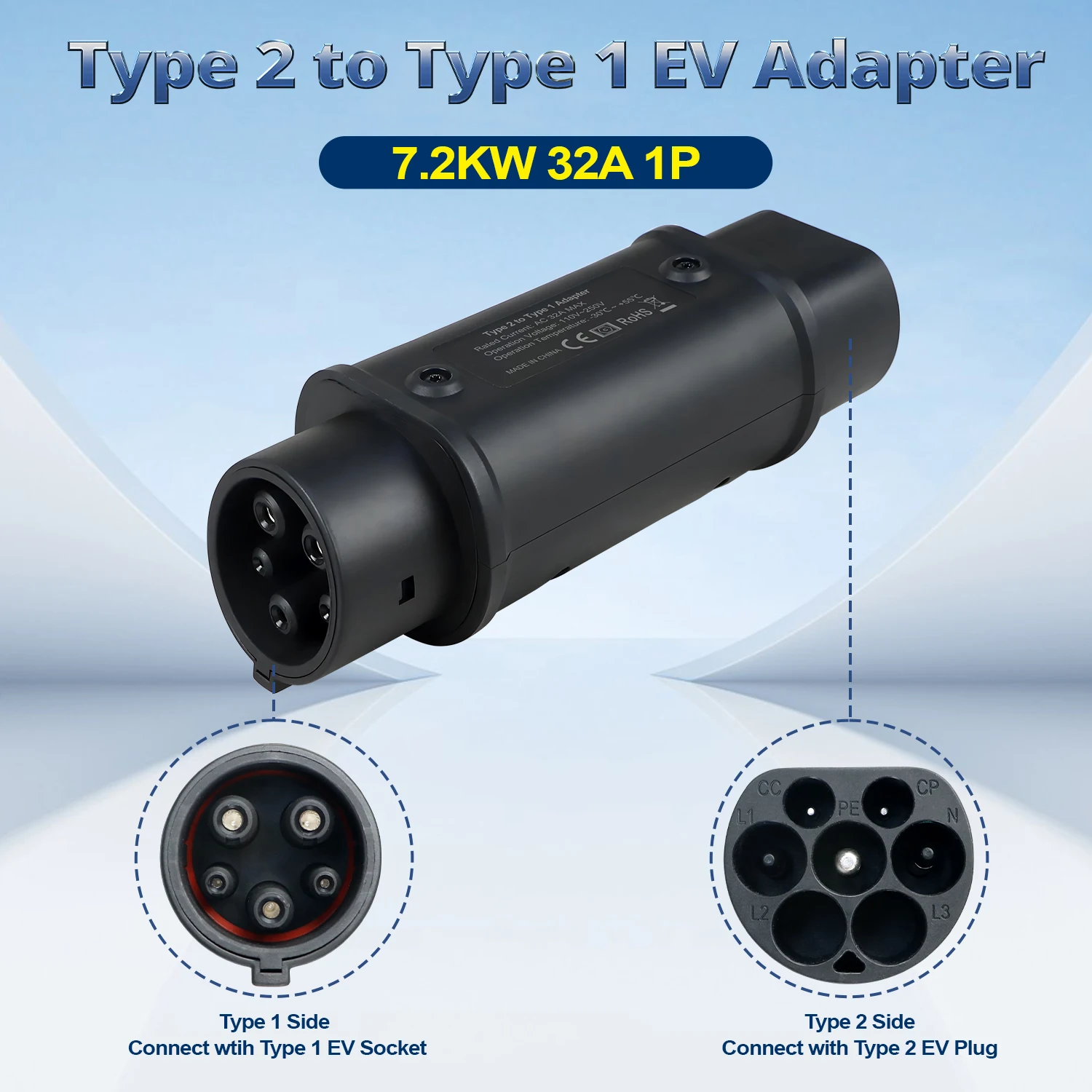 Kolanky Type 2 to Type 1 Adapter IEC 62196 to Type 1 SAE J1772 EV Connector for Charging US Standard Electric Vehicle Cars