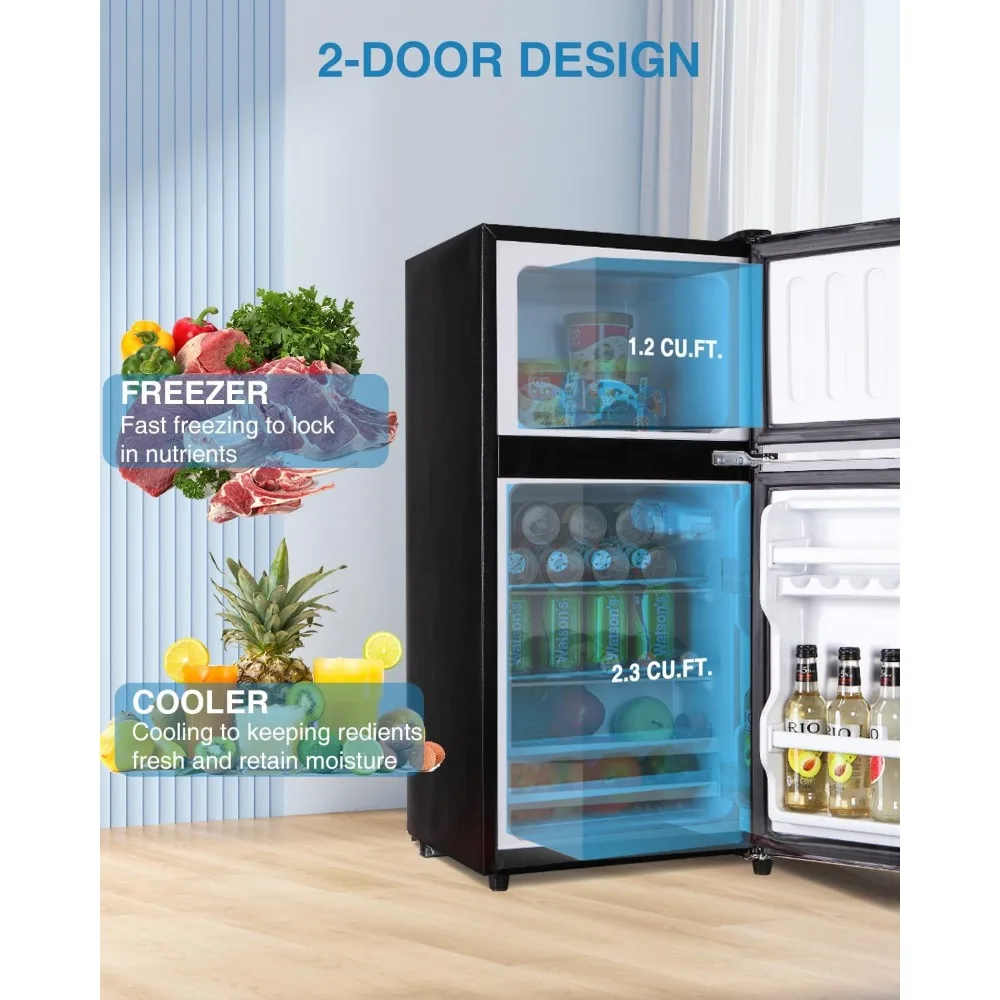 Compact Refrigerator Double Door Mini Fridge with Freezer, 3.5 CU FT Mini Refrigerator with 7 Level Adjustable Thermostat