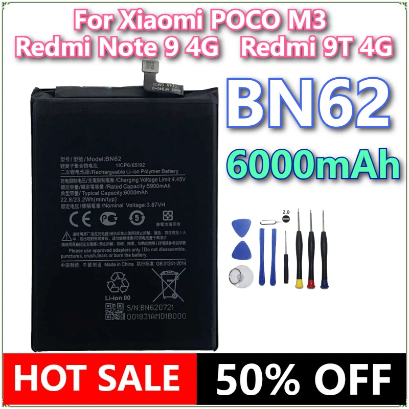 

Brand New BN62 6000mAh Mobile Phone Battery For Xiaomi POCO M3 Redmi Note 9 4G Redmi 9T 4G Phone Replacement Batteries+tools