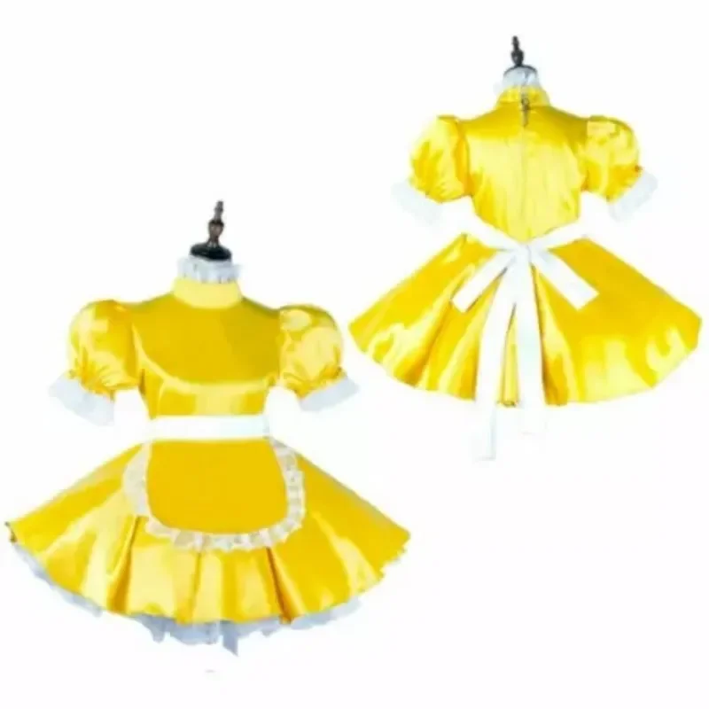 

Halloween boutique sissy girl yellow satin lockable dress cute maid cosplay tailored for transgender people