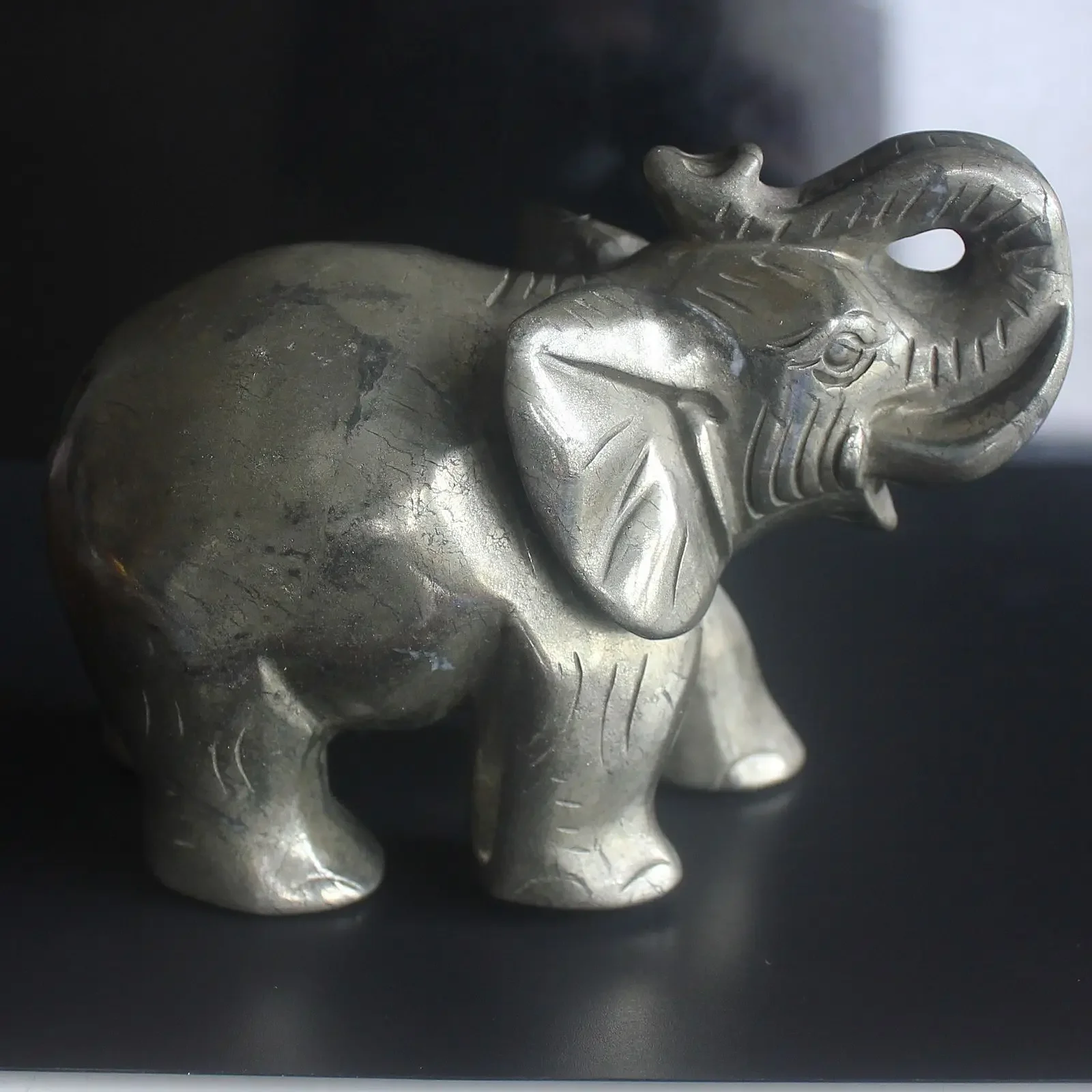 Hand Carved gemstone Pyrite Elephant Figurine Animal Carving office home decor