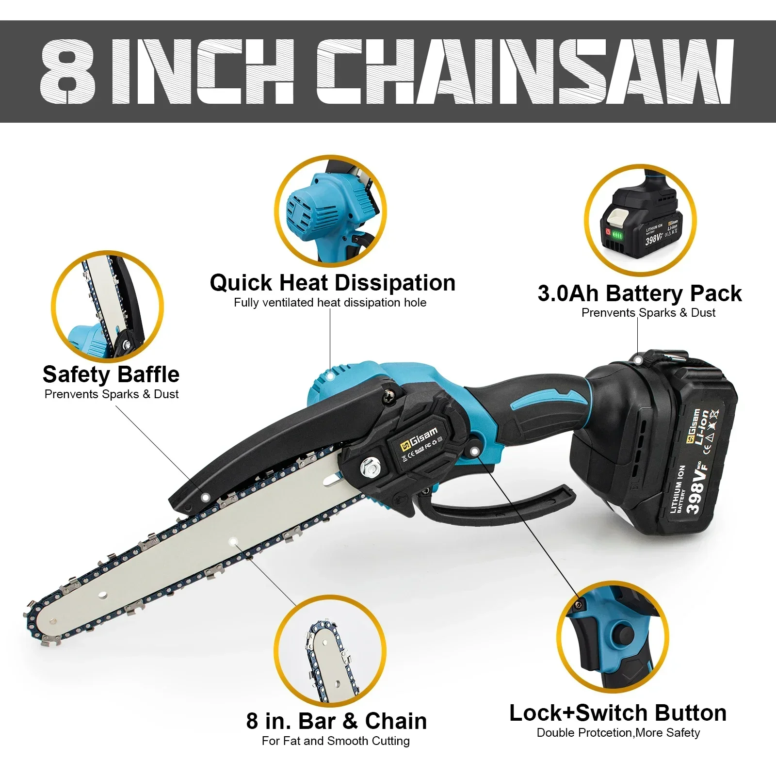 8 Inch Brushless Electric Saw Handheld Portable Wood Logging Chainsaw Garden Pruning Wood Power Tool  for Makita 18V Battery