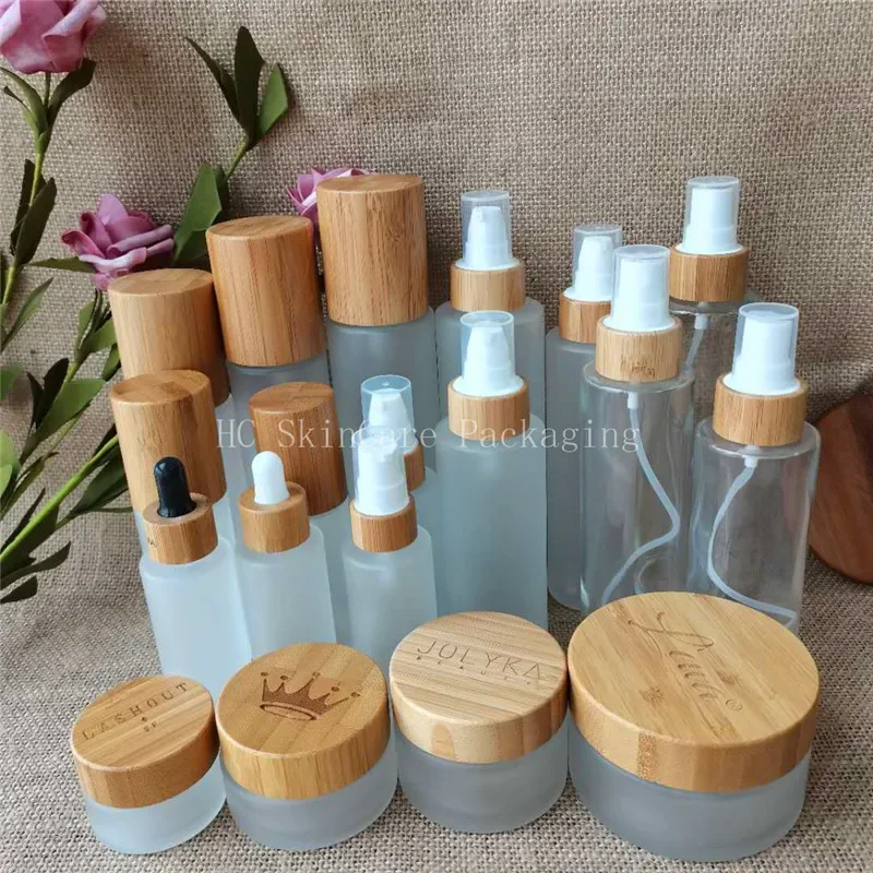 Sprzedaż Domowa Szklana Butelka na Wodę Bambusowa Zakrętka Wielokrotnego Użytku Makijaż Kosmetyki Toniki do Twarzy Opakowania Szampon Balsam Przezroczysty Pojemnik