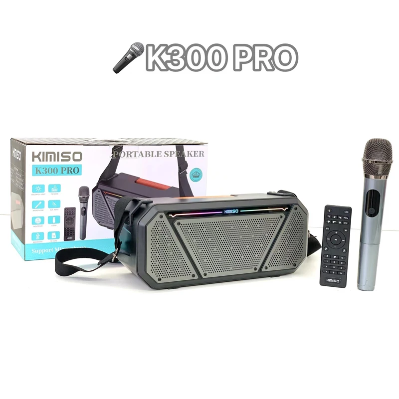 KIMISO K300 P, Portable Outdoor Family Gathering Wireless Bluetooth Dual MIC Singing Speaker, Bass HIFI Sound Quality Cool LED