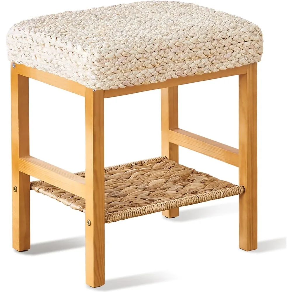 

Hand Weave Poufs Square Ottoman Bench Modern Dressing Stool Small Stool Side Table Footstool with Wood Legs Vanity Stool