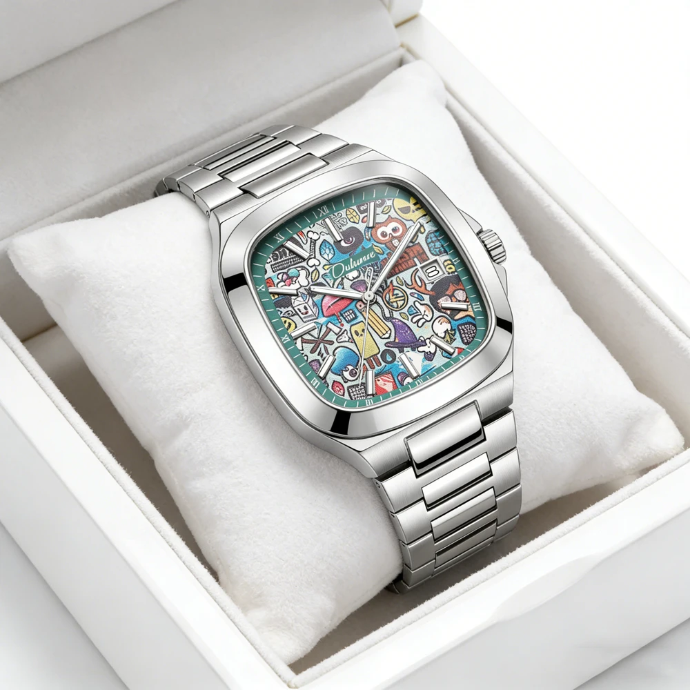 

Новые модные механические часы 2026 года с граффити-циферблатом для мужчин, из нержавеющей стали, водонепроницаемые, светящиеся, с календарем, квадратные, автоматические, мужские