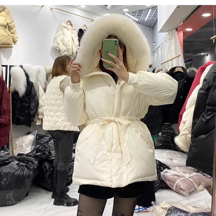 2025 invierno nuevo coreano Sle mujer ort Thiened Cuello de piel con capucha abajo Jaet adelgazante Faion prendas de vestir exteriores abrigo