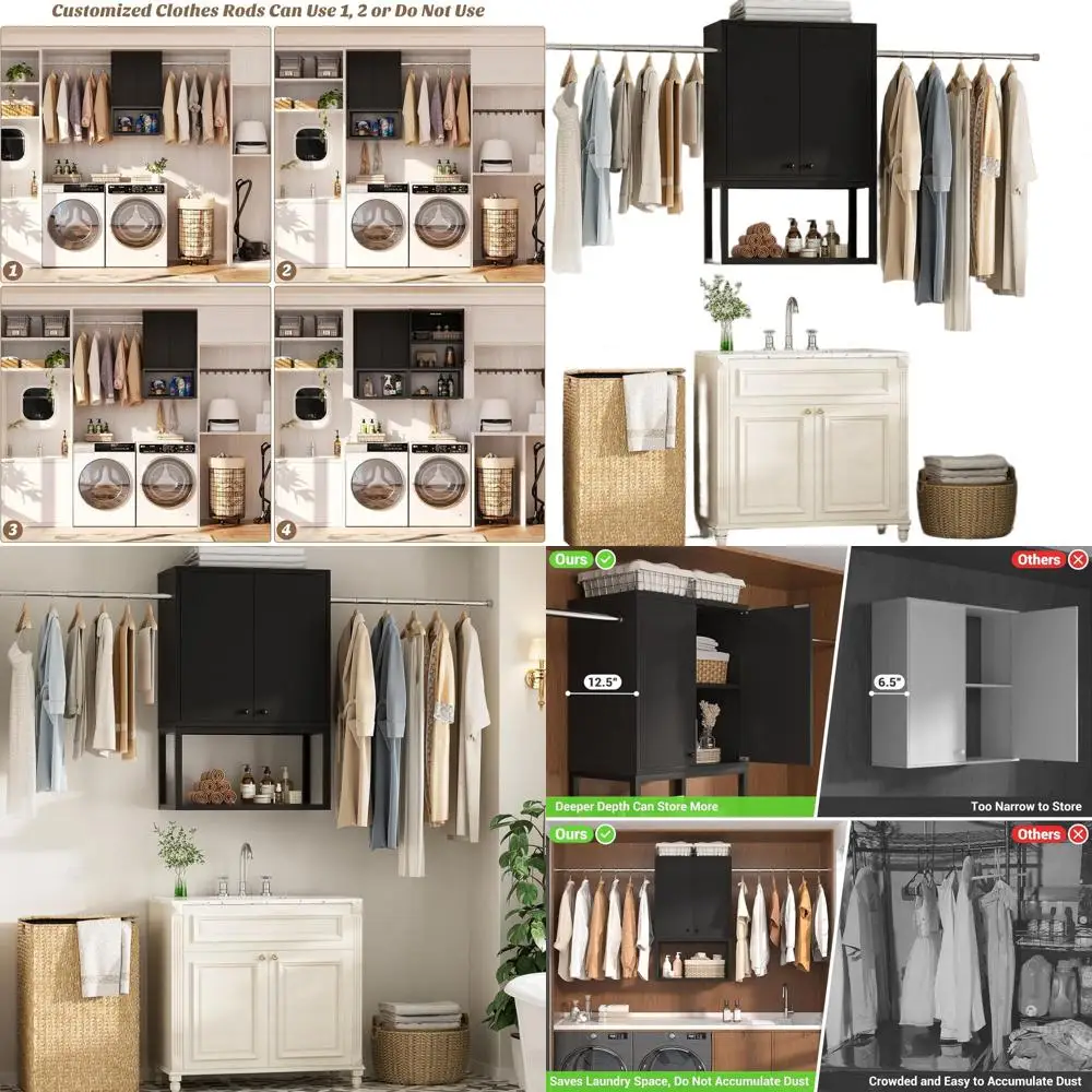 

Wall Cabinet with 2 Hanging Rods, 67'' Wide Laundry Wall Cabinet with 2 Doors, Open Rack & Adjustable Inner Shelf, Storage Cabin