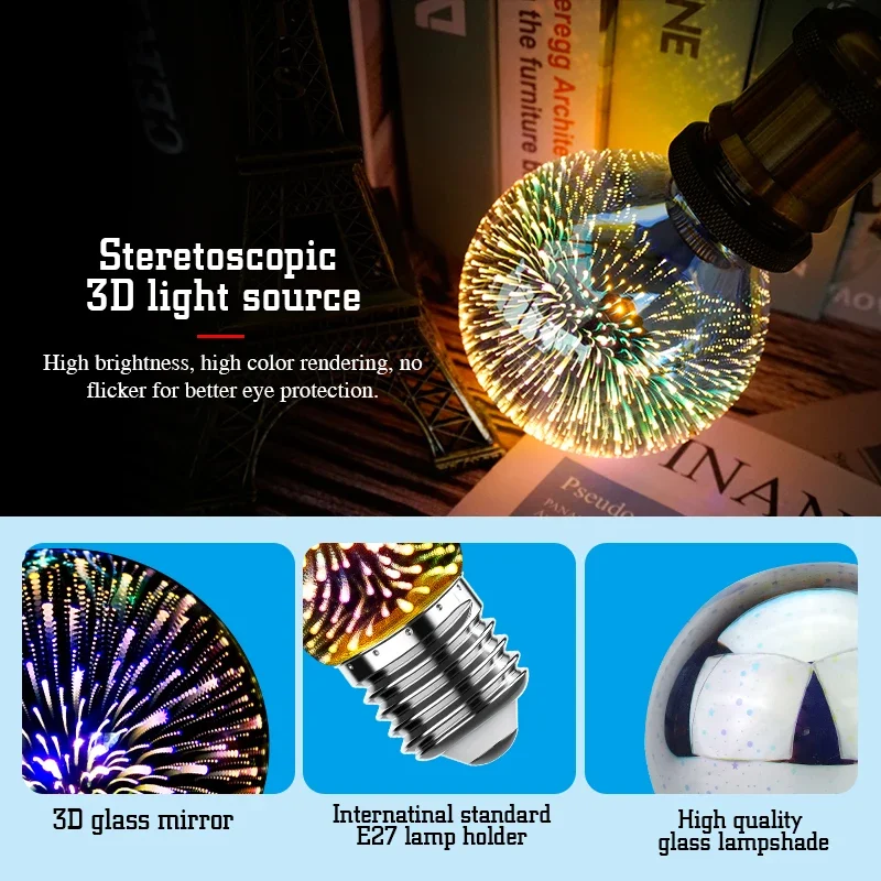 3D Colorful LED Edison Light Bulb E27 220V Vintage Fireworks Decoration Bulb ST64 G95 G125 Christmas Ampoule Led Lamp Lighting