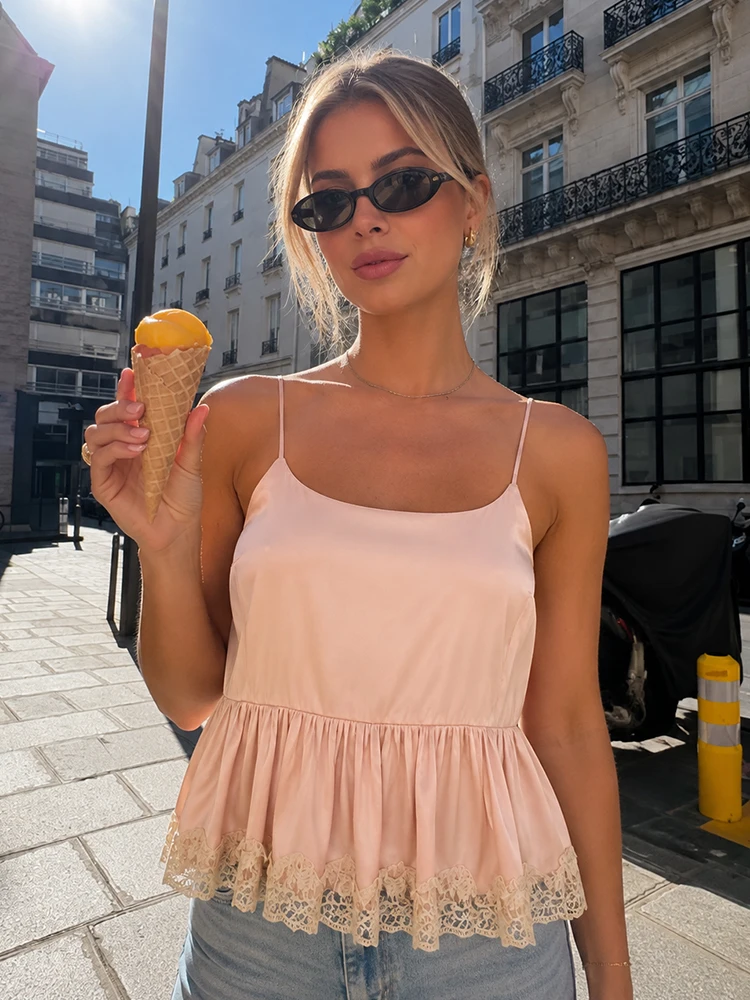 HH Satin Peplum Camisole Top Spring Summer Adjustable Thin Straps Lace Trim Ruffle Hem Loose Tank Cami For Daily Home Vacation