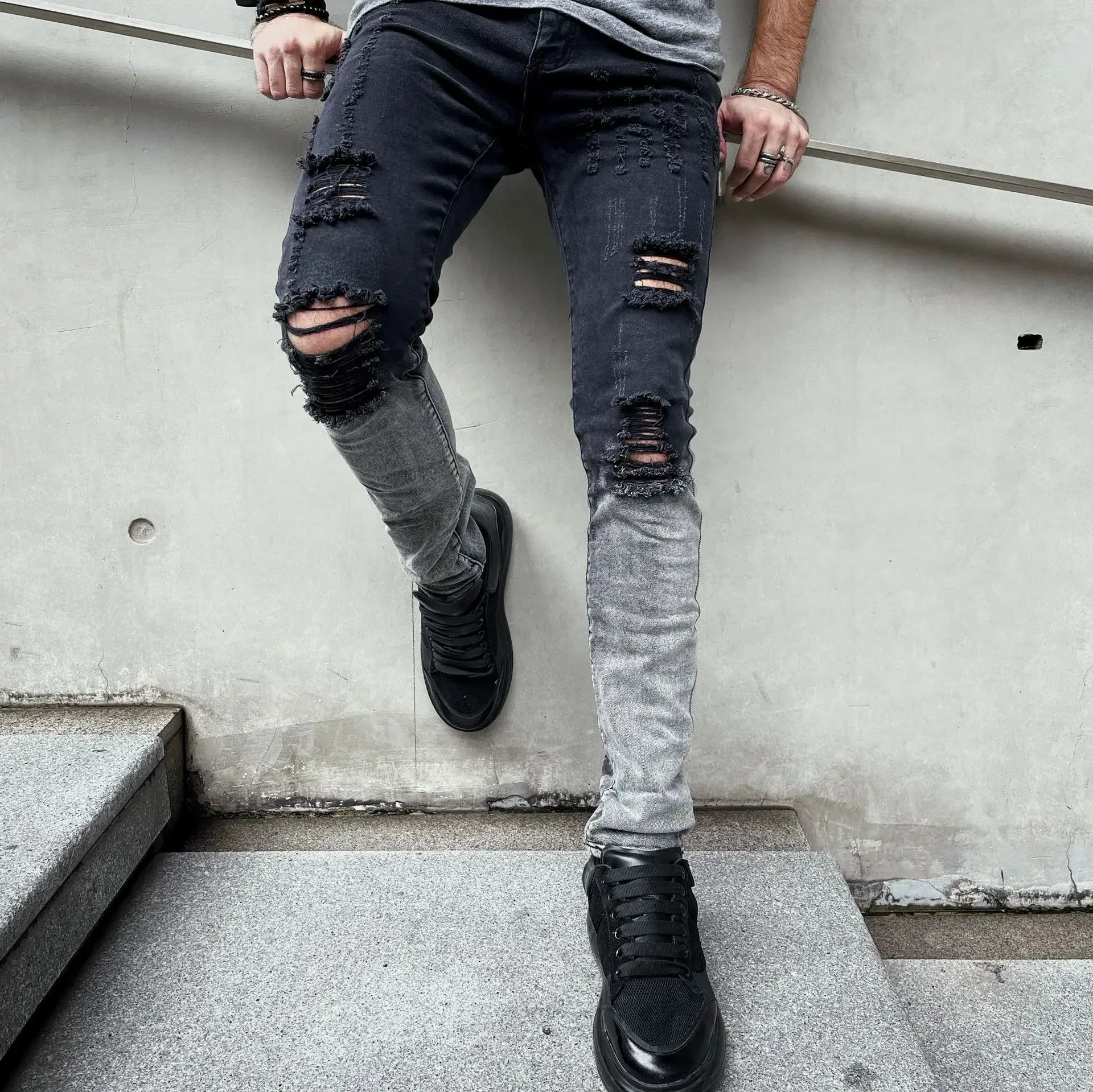 2024 New Style Men's Casual Ripped Whitewashed Stretch Jeans, Korean Style Fashionable Black Slim-Fit Men's Ankle-Length Pants