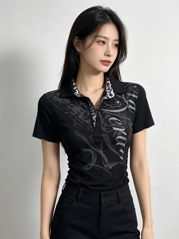 Summer Women Retro Fitted Lapel T‑Shirt Leopard Patchwork Polo Collar Abstract Cursive Dark Print Partial Buttons Streetwear