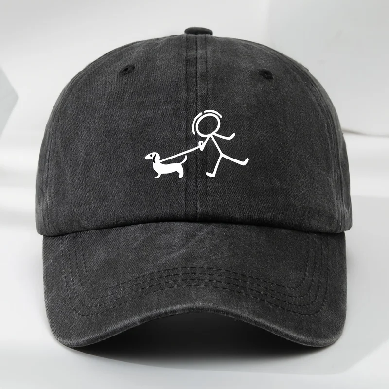 

Fun Dog Pulling Little People Printed Outdoor Men and Women's Washed Baseball Hats Used Duck Tongue Hats