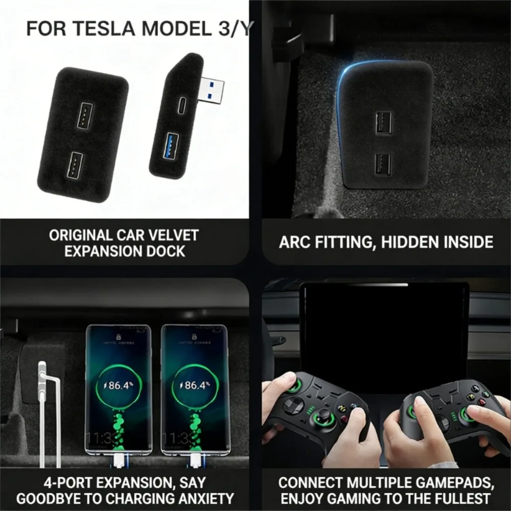 For Tesla Model 3 Y Center Console USB Hub Glove Box Fast Charging Flocked Expander Plug and Play Multi Port Car Accessories