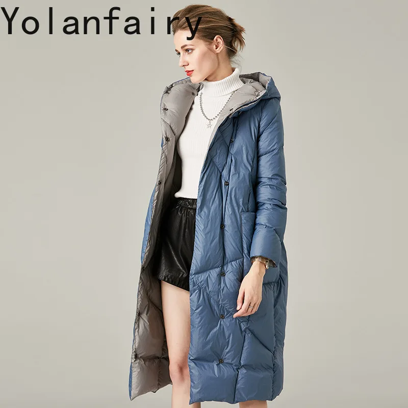 Yolanfairy 2025 nova moda para baixo jaqueta mulher jaquetas de inverno com capuz solto parkas quente casulo em forma de casaco puffer casacos de comprimento médio