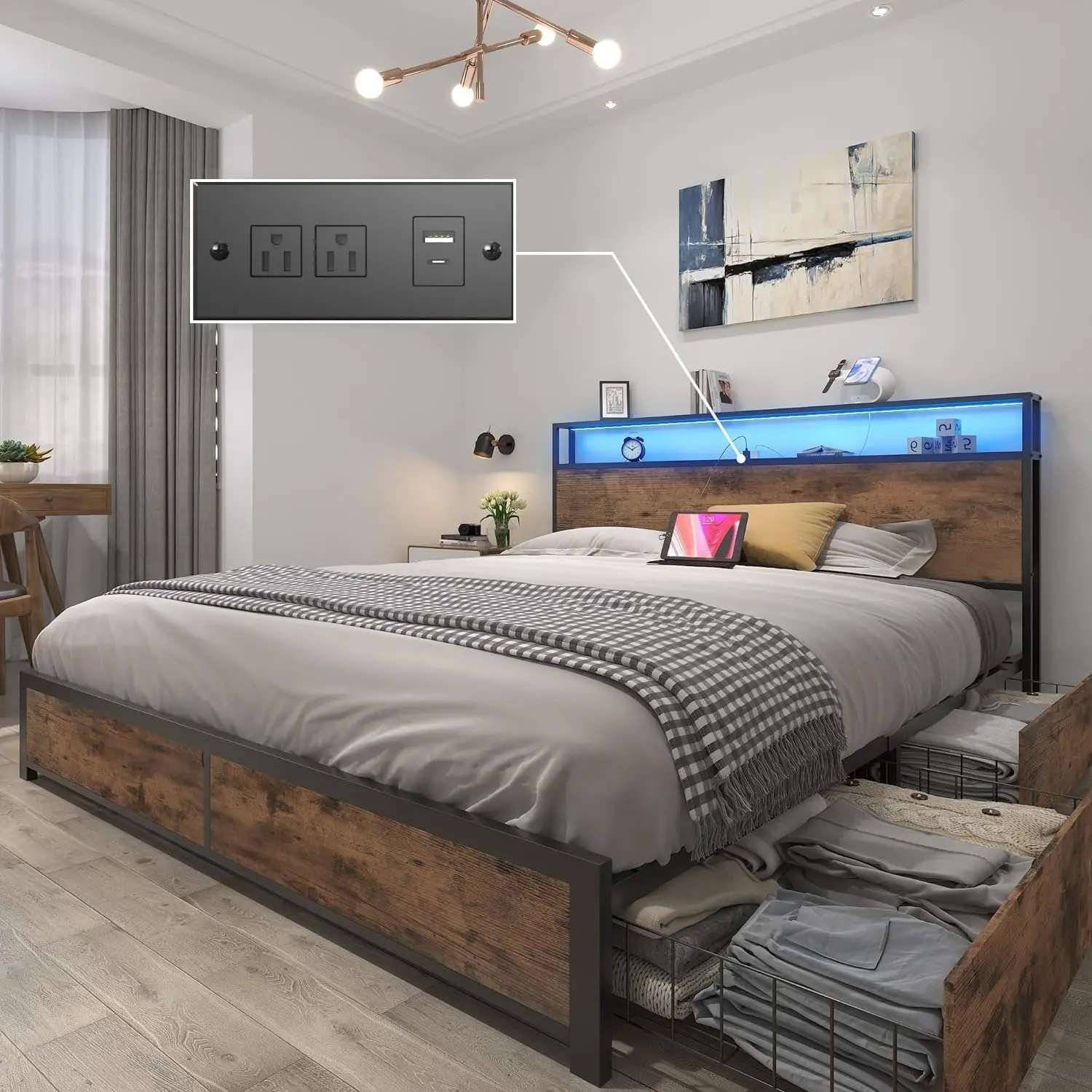 

Bed Frame with 2-Tier Storage Headboard, Metal Platform Bed Frame with 4 Storage Drawers, Built in Charging Station & LED