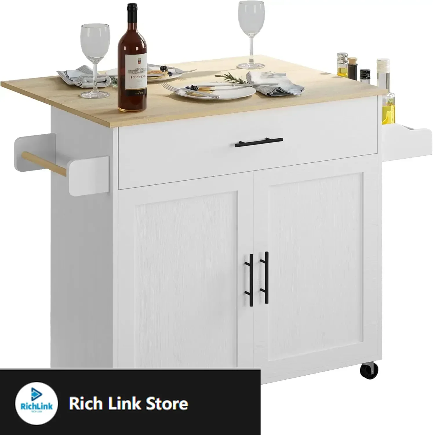

Rolling Kitchen Island Table on Wheels with Drop Leaf, Storage Cabinet, Drawer, Spice Rack, Towel Rack, Kitchen Cart, White