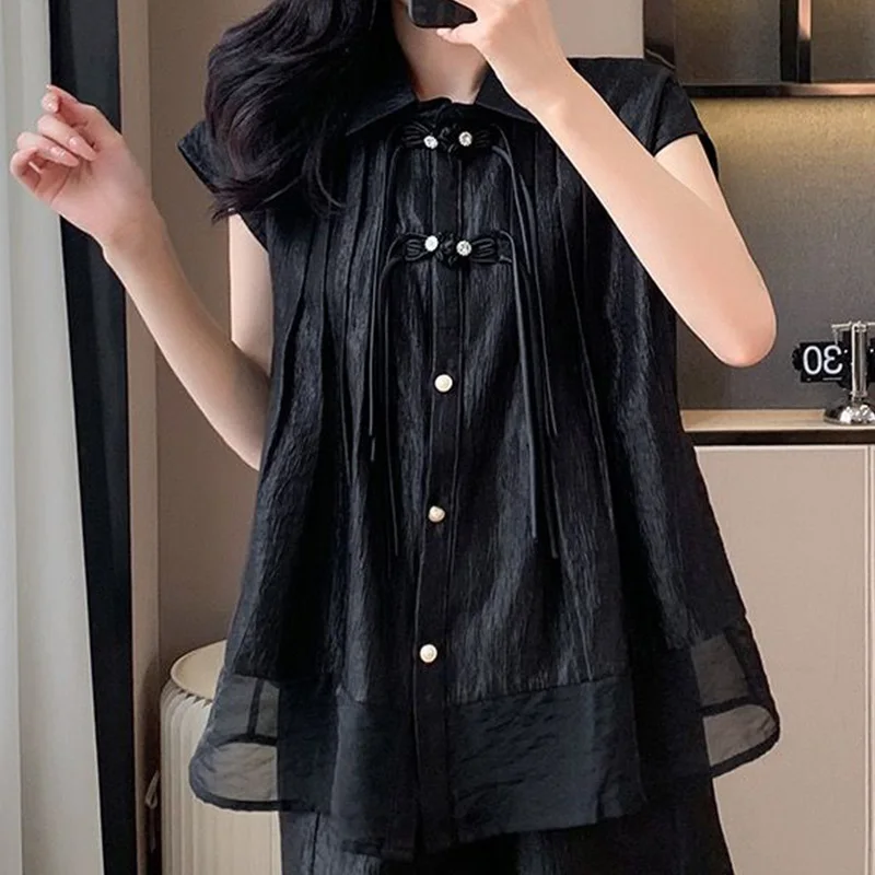 Women\'s Loose Fitting Casual Fashion Set Summer New Chinese Style Button Up Sleeveless Shirt and Shorts Two-piece Set for Women