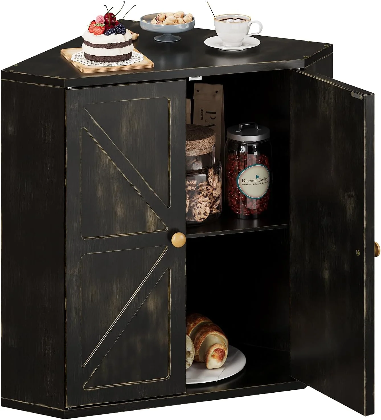 Double Layer Bamboo Corner Bread Box, Large Capacity Kitchen Storage Container for Fresh Bread Organizer (Antique Black)