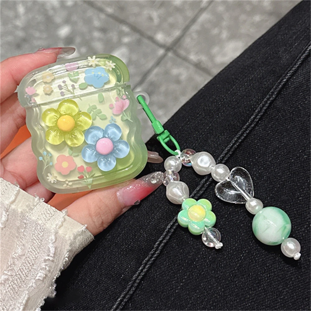 Cute Flower Green Headphones Case For AirPods 1 2 3 With Love Heart Beads Pendant Protective Shell Soft Cover For AirPods Pro 2