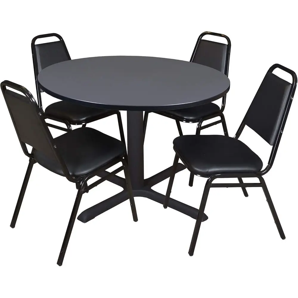 48 Grey Round Dining Table with 4 Stackable Black Restaurant Chairs