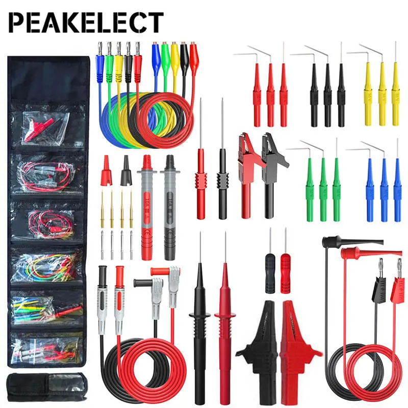 Peakelect P1947 46PCS Multimeter Test Leads Kit 4mm Banana Plug with Wire Piercing  Probes Puncture Needle Alligator Clip 1000V