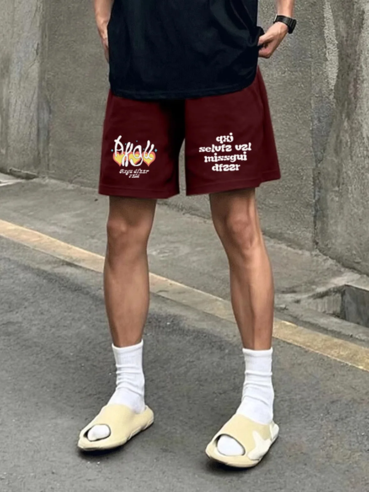 

American Casual Sle Loose Fit Printed orts Men's Summer Baskeall Sport Wine Red Color Five-Point Pants Youth Faion