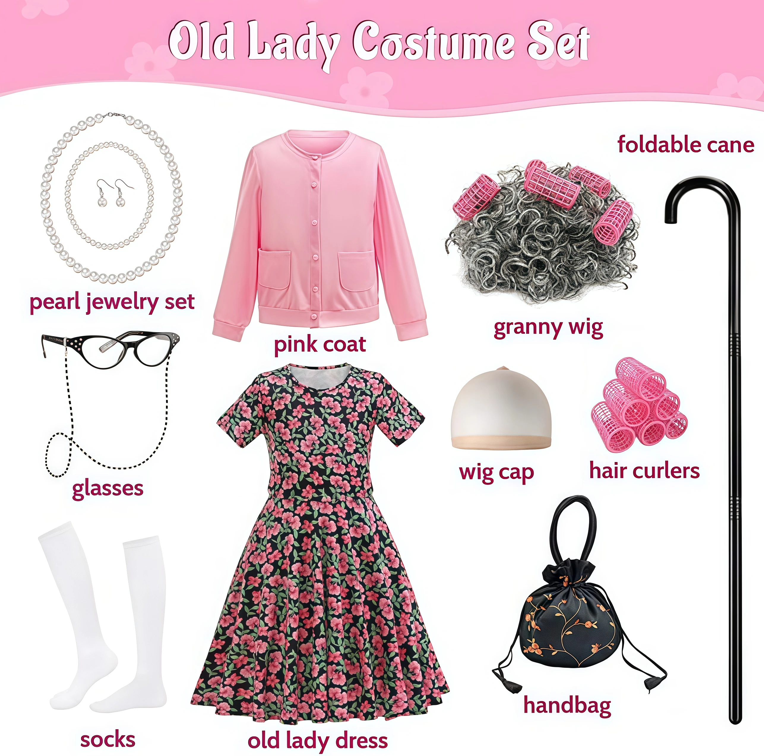 Children Granny Old Lady Costume Kids Girls 100 Day Of School Dress Up Grandma Grey Wig Granny Children Granny Old Lady Costume Kids Girls 100 Day Of School Dress Up Grandma Grey Wig Granny