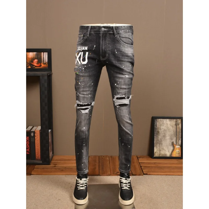 Vintage Printed Ripped Jeans Men's Street Handsome All-Match Stretch High Street Spray Paint Casual Skinny Tappered Pants