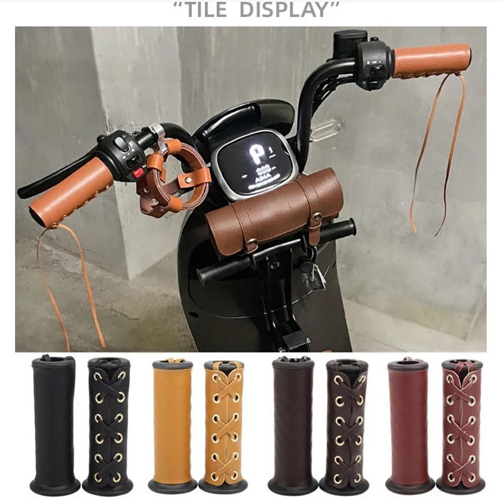 2 Pieces Leather Motorcycle Hand Grip Covers Comfortable Handlebar Wraps Adjustable Lacing Straps Design Motorbikes Throttle