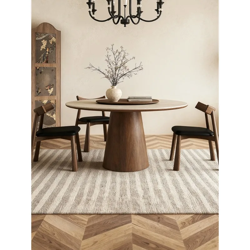 طاولة مستديرة من بلاطة الصخور الترافرتين مع طاولة دوارة متوسطة عتيقة وشقة صغيرة وطاولة طعام منزلية وطاولة طعام قديمة #2