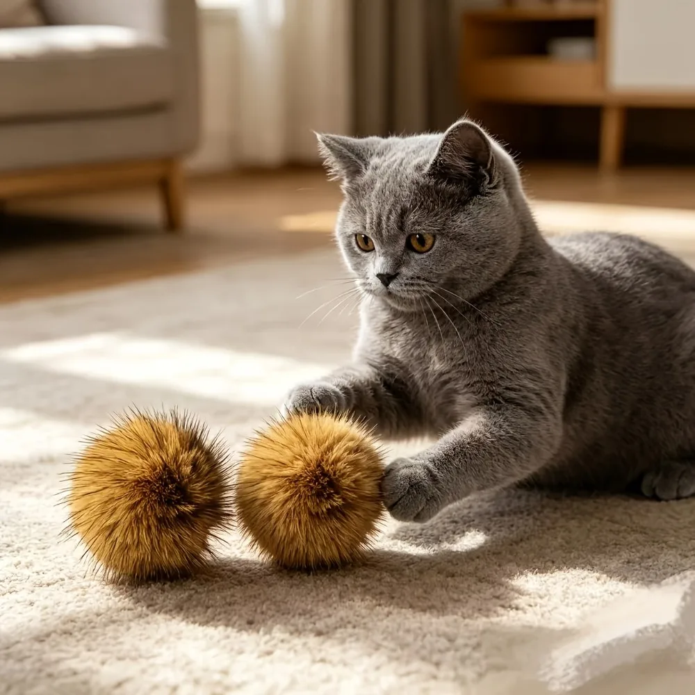 1/2Pcs Faux Fur Cat Ball Toy, Soft Plush Cat Toy, Interactive Chase Ball for Indoor Cats, Exercise & Play Toy