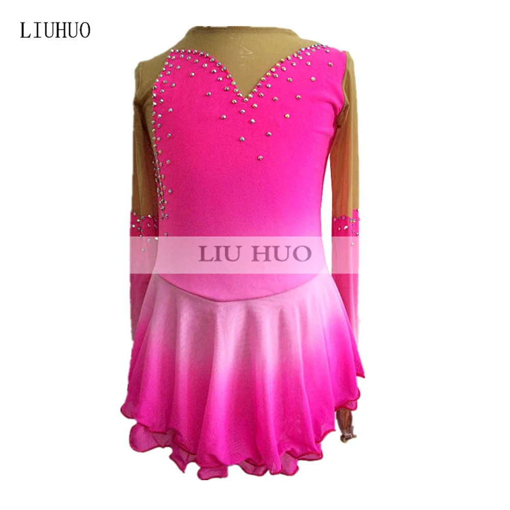 

LIUHUO Women's Girls' Figure Ice Skating Dress Rose Red Long Sleeve Gradient Color Leotard Competition Costume Dance Teen Roller
