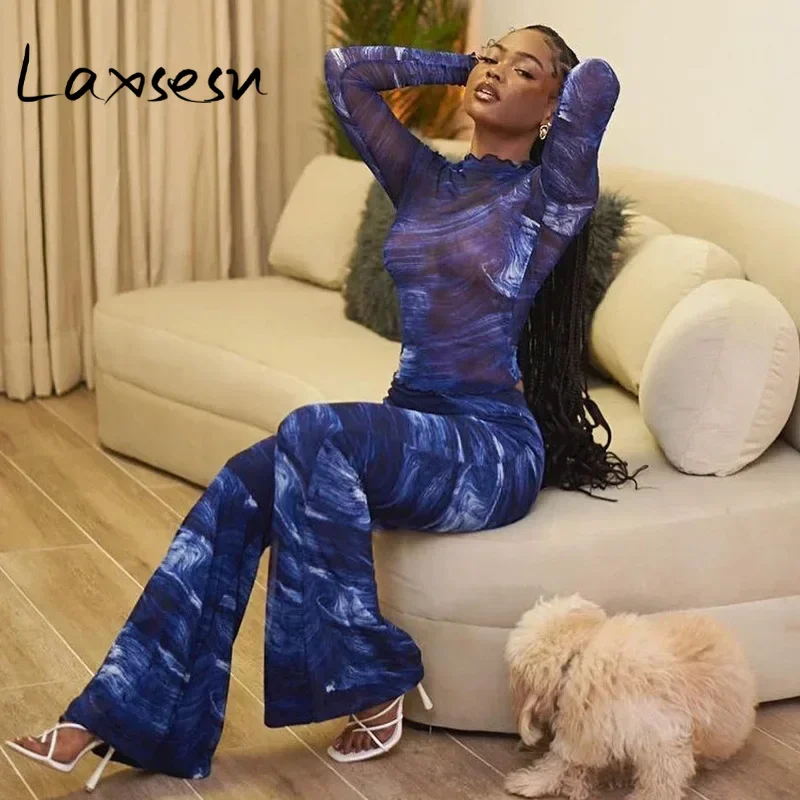 Laxsesu Printed Two Piece Sets Outfits Women See Through Long Sleeve Tops + Mesh Flare Long Pants Suit Nightclub Party Clothes