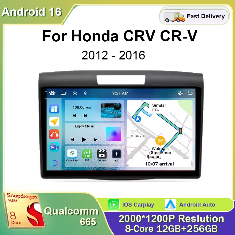Rádio Automotivo Multimídia GPS Android 16 de 9 polegadas com Carplay sem fio para Honda CRV CR-V 2012 2013 2014 2015 2016 4G+WIFI