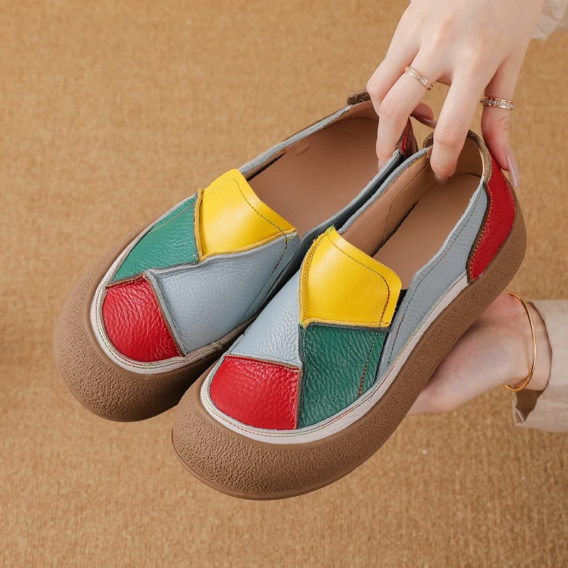 

Women Genuine Leather Loafers Color Block Chunky Platform Slip On Round Toe Retro Ethnic Comfort Walking Moccasin Shoes Women