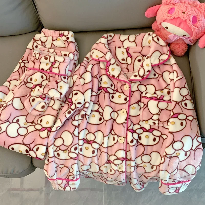 Sanrio Otoño e Invierno Melody lindo pijama cálido mujer dibujos animados estampado completo engrosado solapa de felpa cardigan conjunto de ropa de descanso