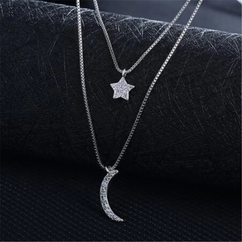New Fashion 925 Sterling Silver Double Layer Star Moon Necklace for Women Delicate Zircon Choker Chain Jewelry Colar de Prata