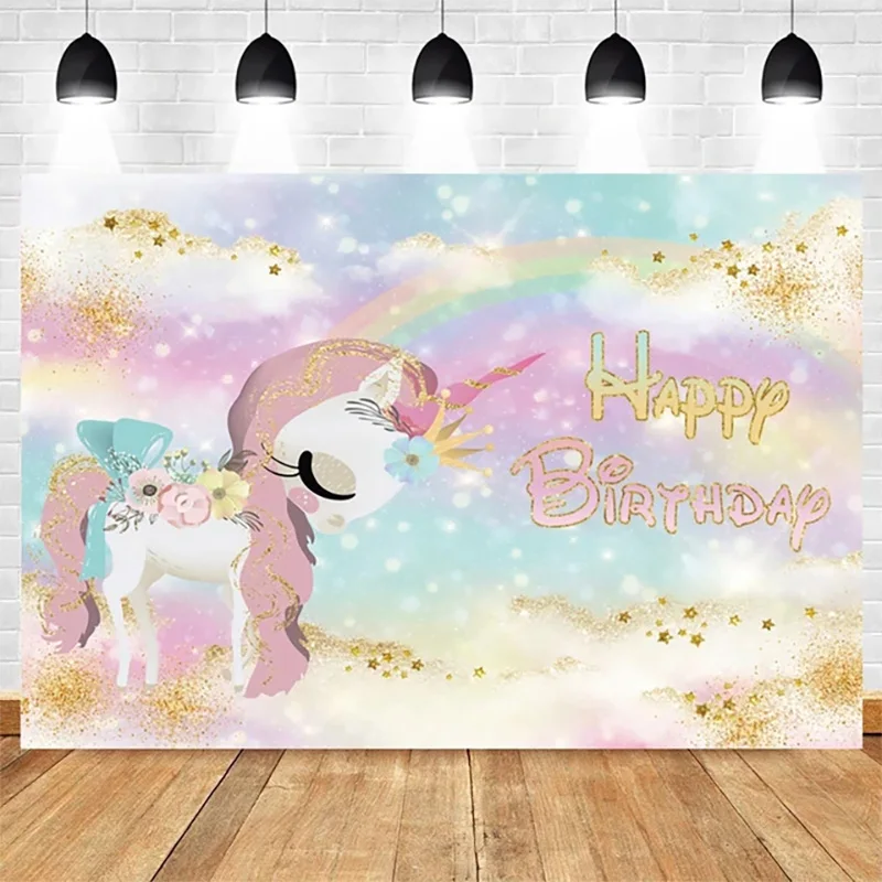 

Birthday Party Custom Decoration Floral Glitter Star Flower Banner Baby Shower Photo Studio Shoots Rainbow Unicorn Background