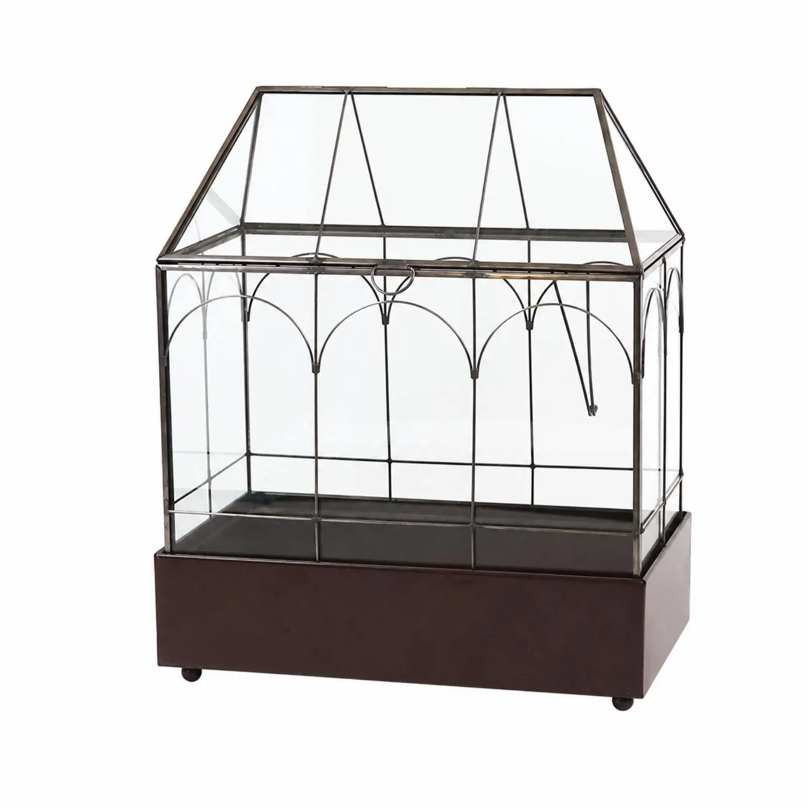 Miniature Greenhouse Glass Display Cabinet with Tray for Tabletop Plants Vintage Black Decor for Indoor Gardens