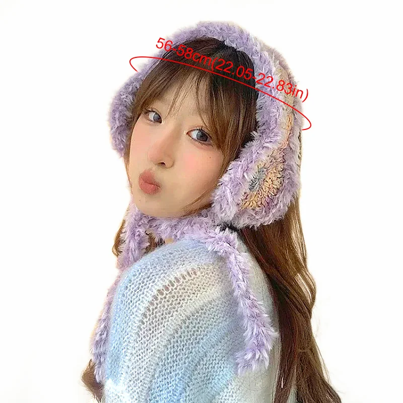 1PC Gradual Change Color Knitted Earmuffs Handmade Wool Flower Strappy Plush Earlap Beanies Warmer Windproof Winter Accessories