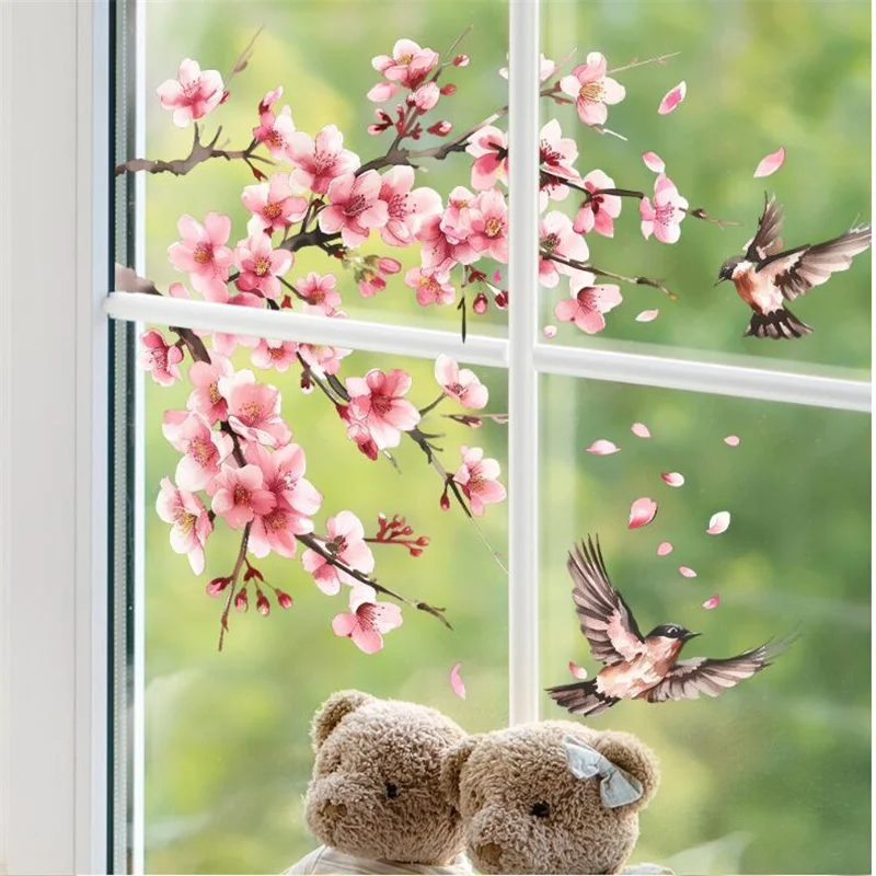 Abnehmbare Aquarell rosa Pfirsich blüte Äste Vögel Wanda uf kleber für Schlafzimmer Wohnzimmer Glasfenster dekorativ – Detail 6