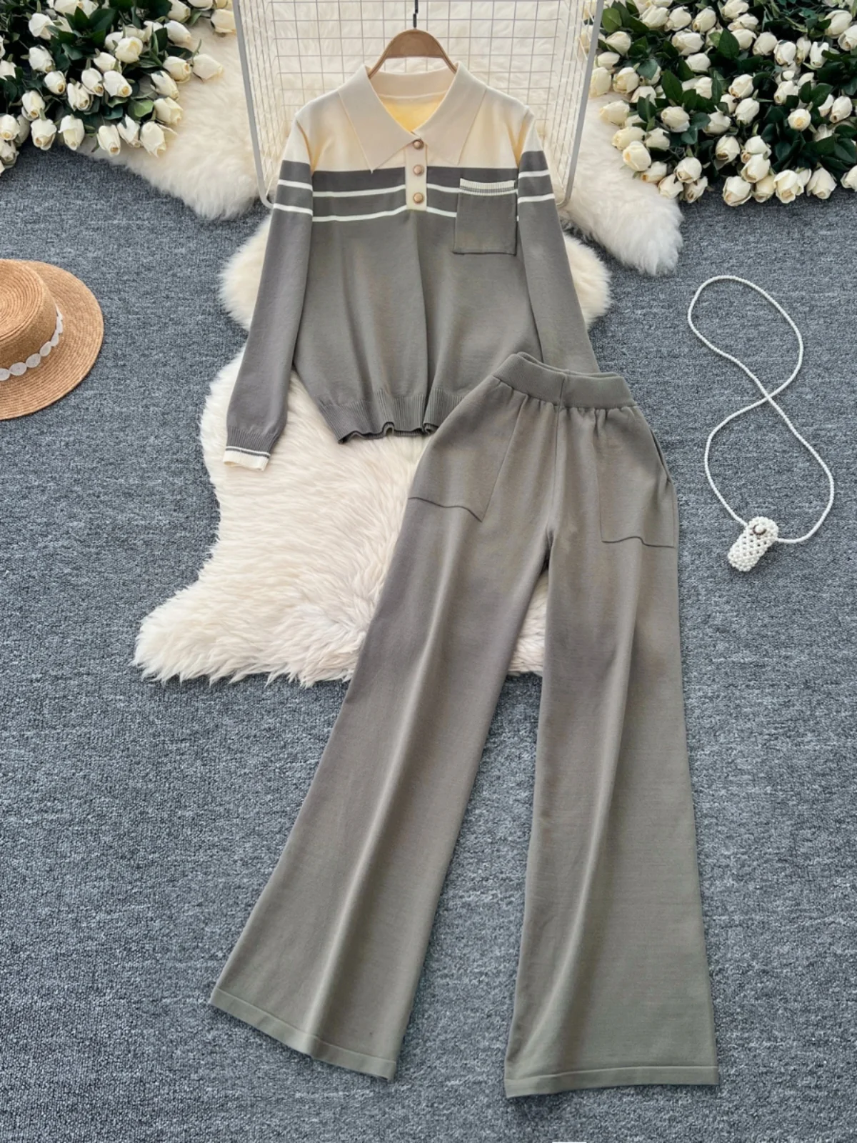 

Женский модный вязаный свитер и брюки, комплект из двух предметов, длинный све, накладной зимний наряд в стиле ретро с цветочным воротником