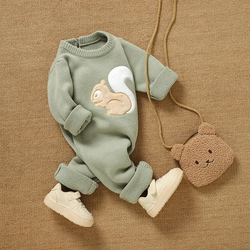 Baby Rompers Knitted Newborn Girl Infant Boy Jumpsuit Long Sleeve Warm Kid Clothes 0-18M Cute Cartoon Squirrel Overalls Playsuit