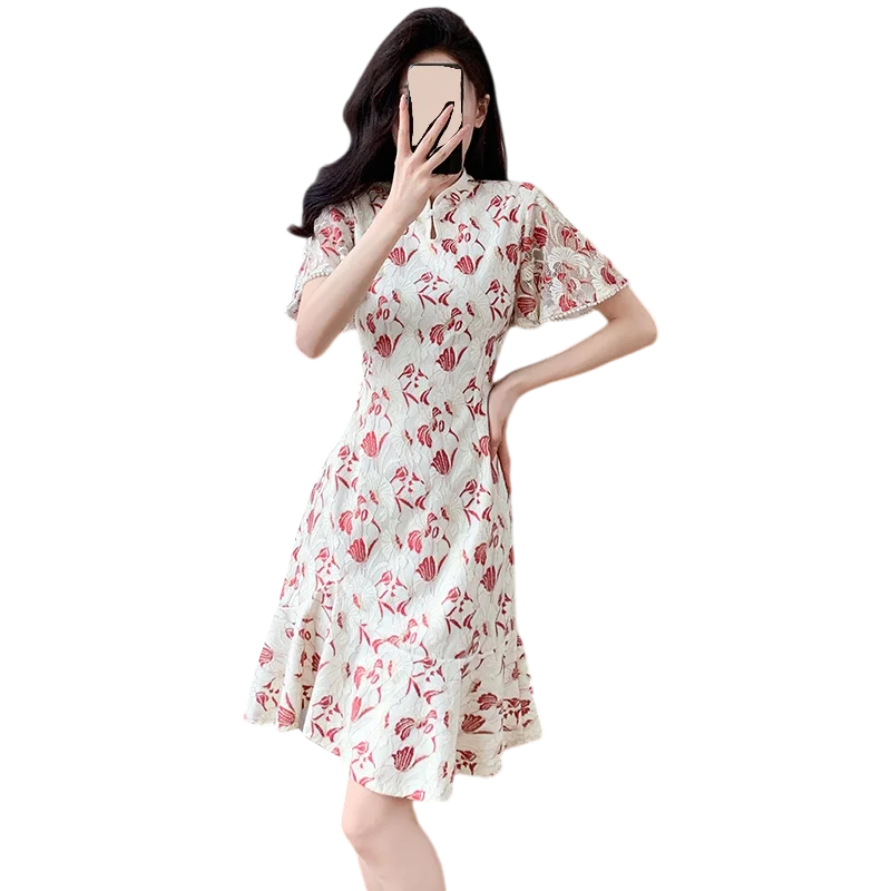 

Coigarsam женское цельное корейское платье летнее платье Cheongsam модное лоскутное кружевное платье с расклешенными рукавами и высокой талией жемчужно-красные платья
