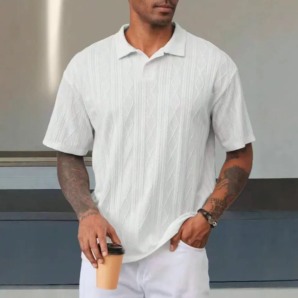 

Retro Men's loose texture knitted polo shirt Men's casual T-shirt 2025 Summer Male Daily Comfort breathable short sleeved shirt