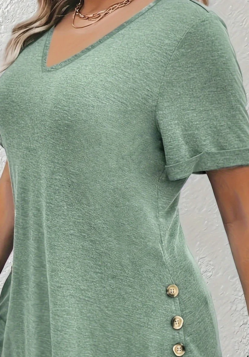 حجم كبير 1XL-5XL المرأة أزياء أنيقة الصلبة قصيرة الأكمام المحملة المرأة الربيع/الخريف أزياء بلون تي شيرت