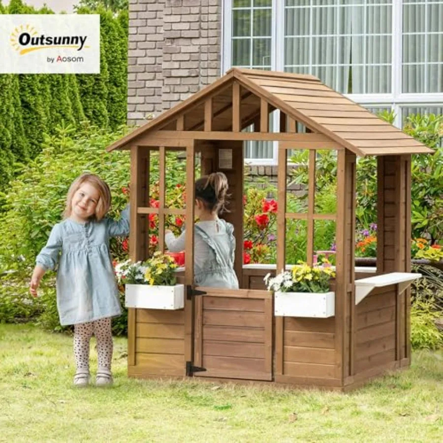 Outdoor wooden playhouse for backyard garden or indoor playroom: brown finish, working door, windows, flower pot holder, imagin
