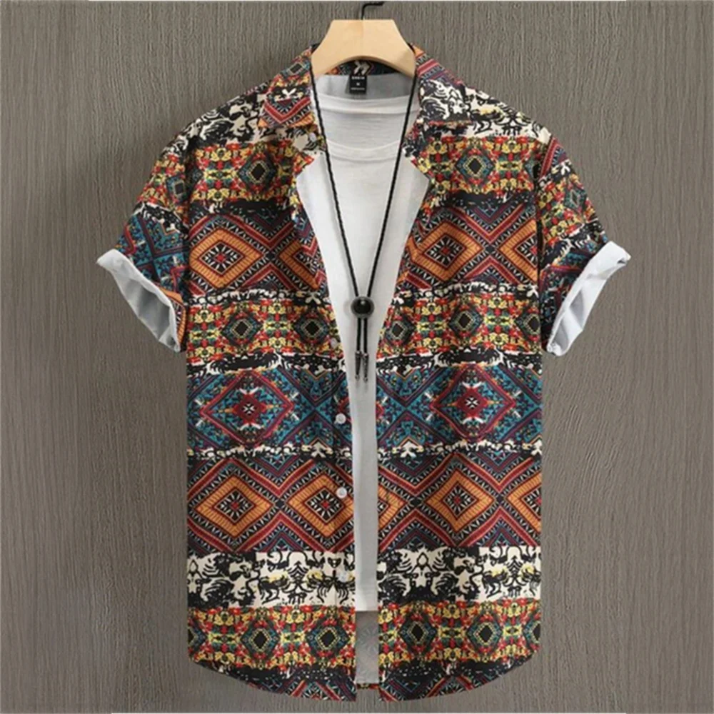 

Men's Shirt Summer Ethnic Style Casual Fashion Short Sleeved Daily Loose Breathable Hawaiian Shirt Man Casual Men's Clothing Top