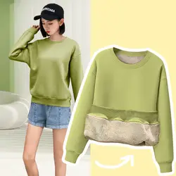 Winter Lamb Wool Warm Solid Women Sweatshirt Soft Casual Loose Long Sleeve Plus Velvet O-neck Top Simple Fashion Warm Hoodie